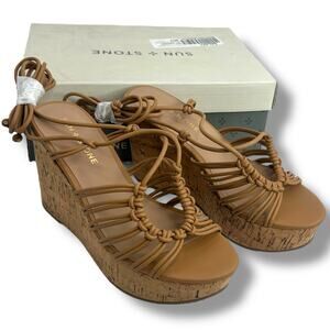 NEW Sun + Stone Strappy Lace Up Wedge Sandals Size 7 Brown Ankle Wrap Cork Heels